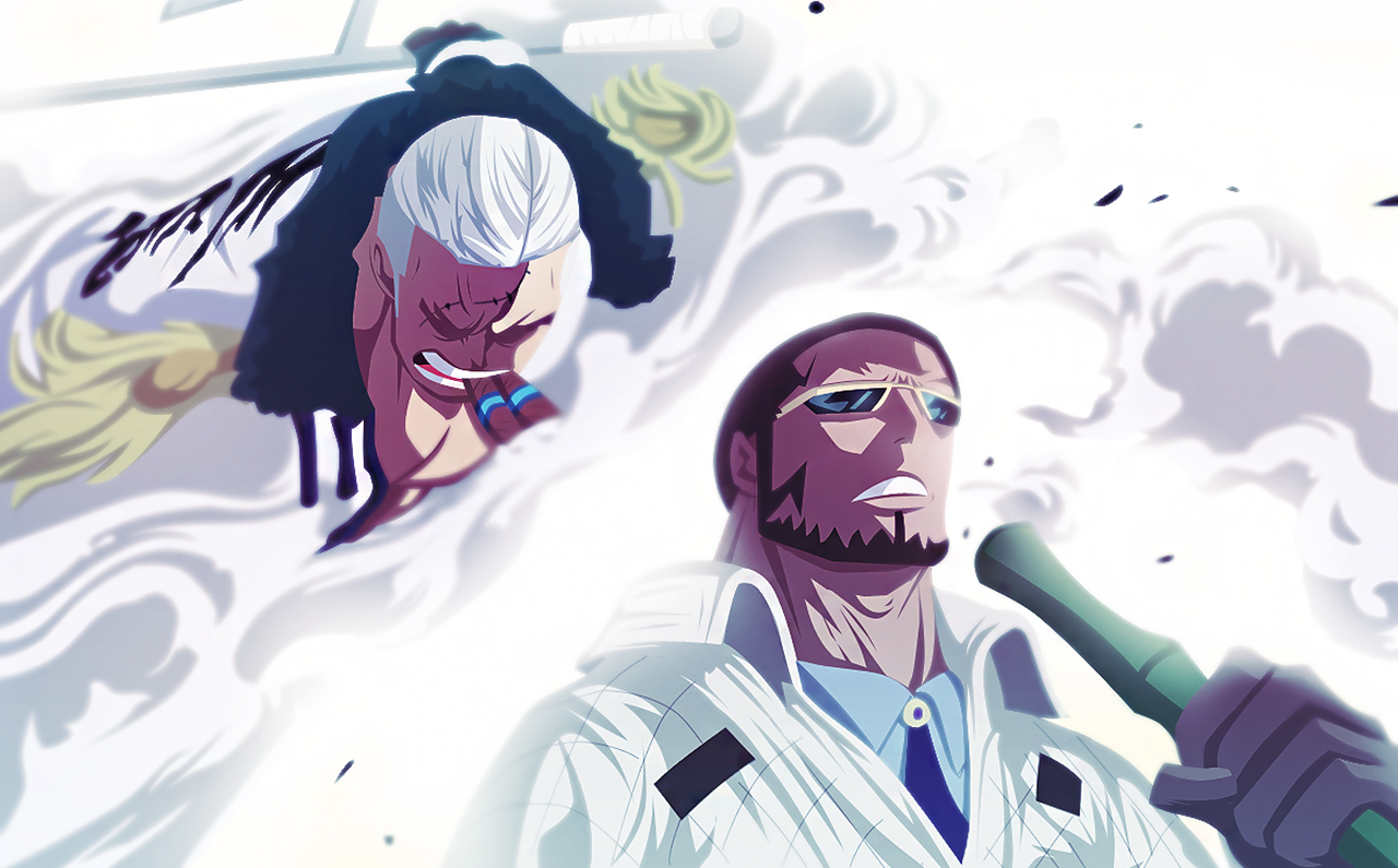 Vergo and Smoker from *One Piece* face off amidst swirling clouds, showcasing their intense rivalry in this vibrant anime scene.