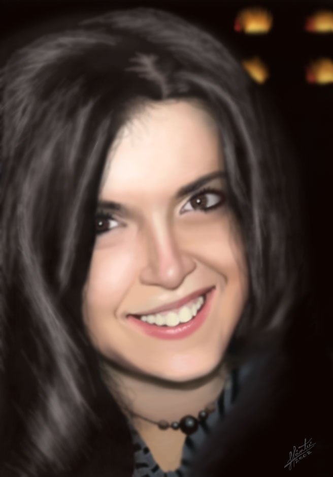 Close-up photography portrait of a smiling woman with long dark hair, dark eyes, and a beaded choker necklace, set against a softly lit dark background.
