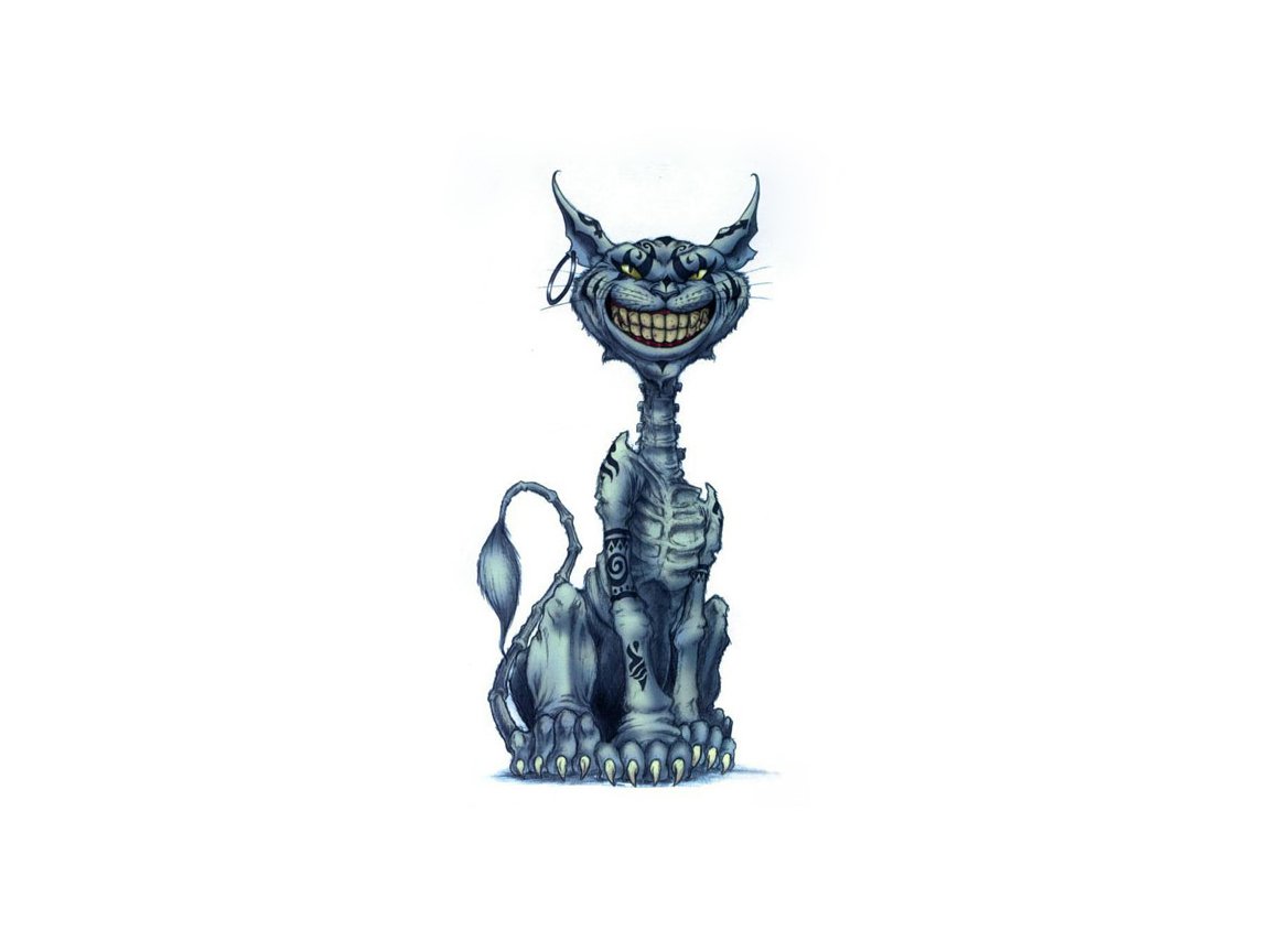 A stylized, mechanical cat with a mischievous grin, inspired by the video game American McGee's Alice, exudes a whimsical yet eerie charm.