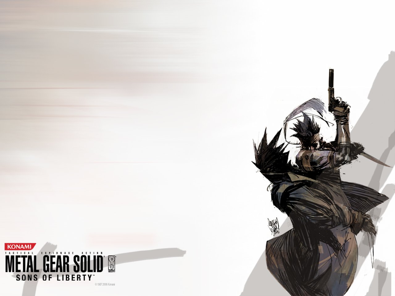 Promotional artwork for Konami's Metal Gear Solid: Sons of Liberty video game, featuring a stylized character holding a gun against a light background.