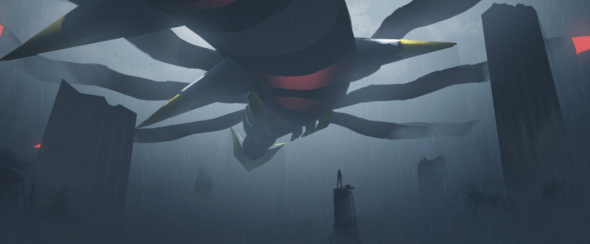 Anime-style Pokémon scene: Giratina (Pokémon) looms over a fog-shrouded ruined city, its shadowy wings and red-striped body casting an ominous presence.