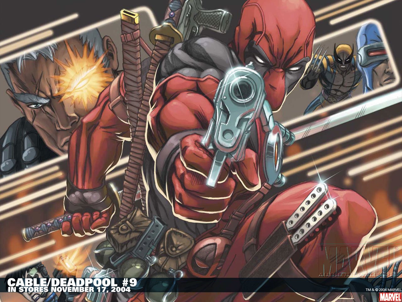 Dynamic comic cover featuring Deadpool wielding guns, with Cable and Cyclops in the background, showcasing action from Cable/Deadpool #9 released in November 2004.