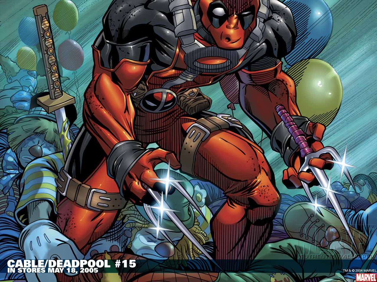 Deadpool, in his iconic red and black suit, prepares for action in a chaotic scene filled with colorful balloons, as featured in Cable & Deadpool #15, released in May 2005.
