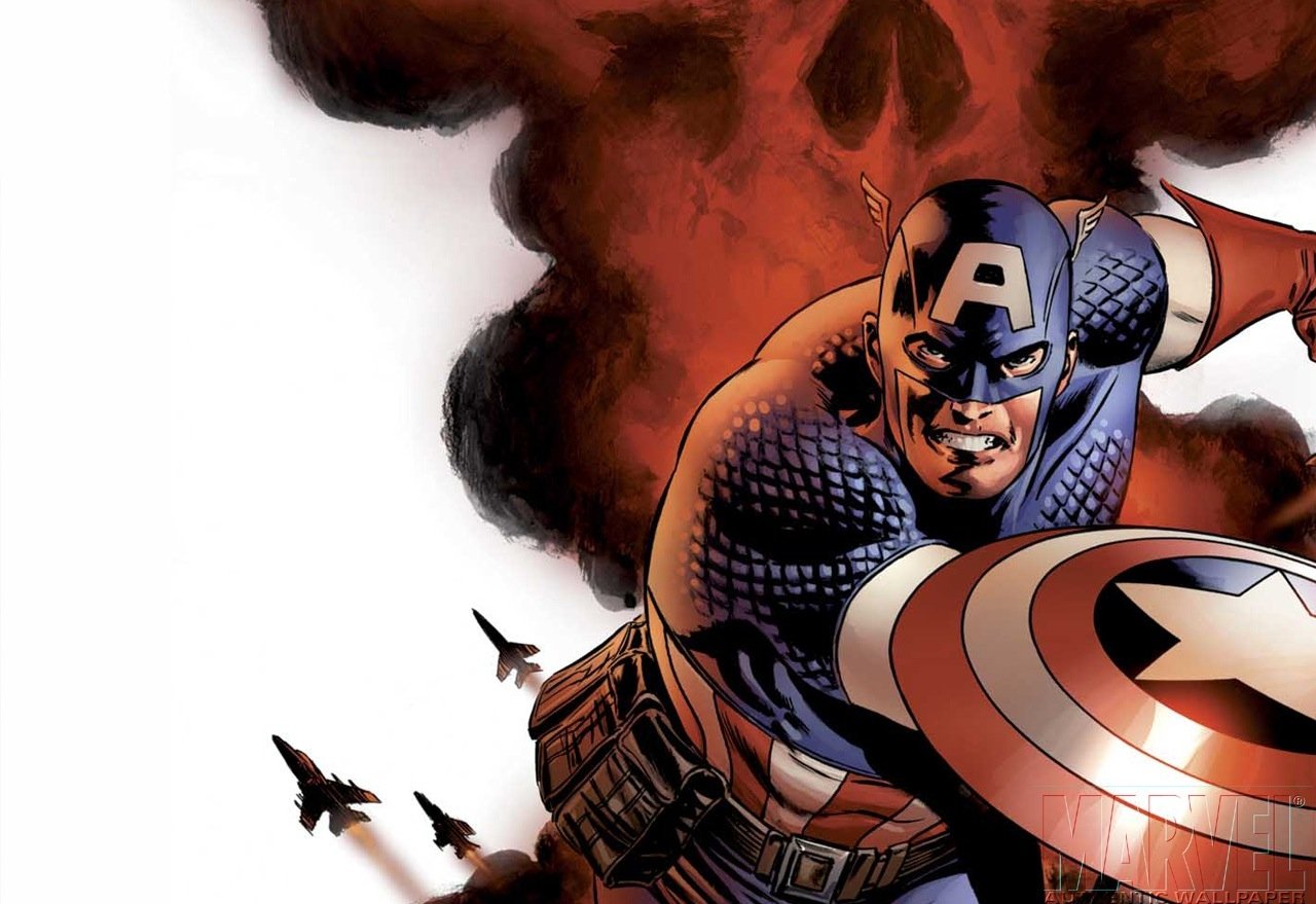 A dynamic comic illustration of Captain America, showcasing him charging forward with his iconic shield, set against a dramatic smoky background filled with fighter jets.