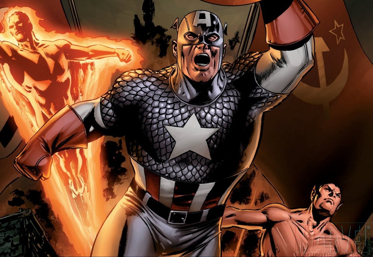 A powerful scene from a Captain America comic, featuring Captain America in a heroic pose, with glowing figures and symbols of conflict in the background.