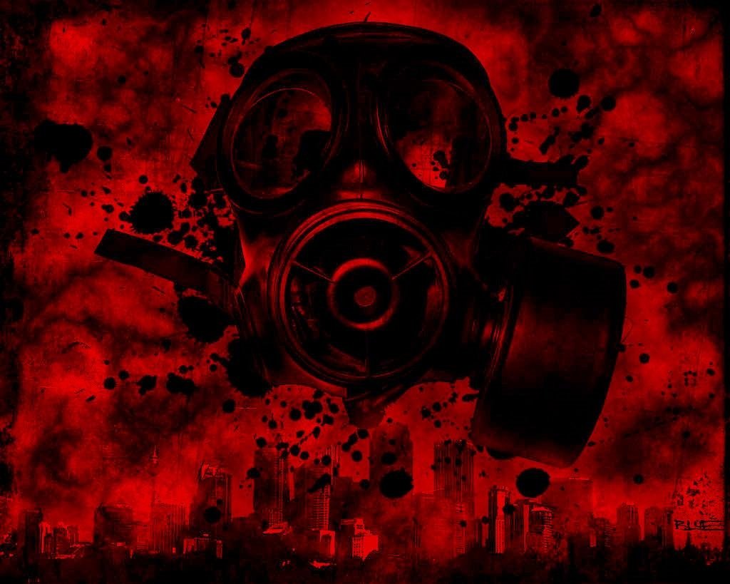 A striking image featuring a black gas mask against a dramatic red and black background, evoking themes of military readiness and survival amidst chaos.