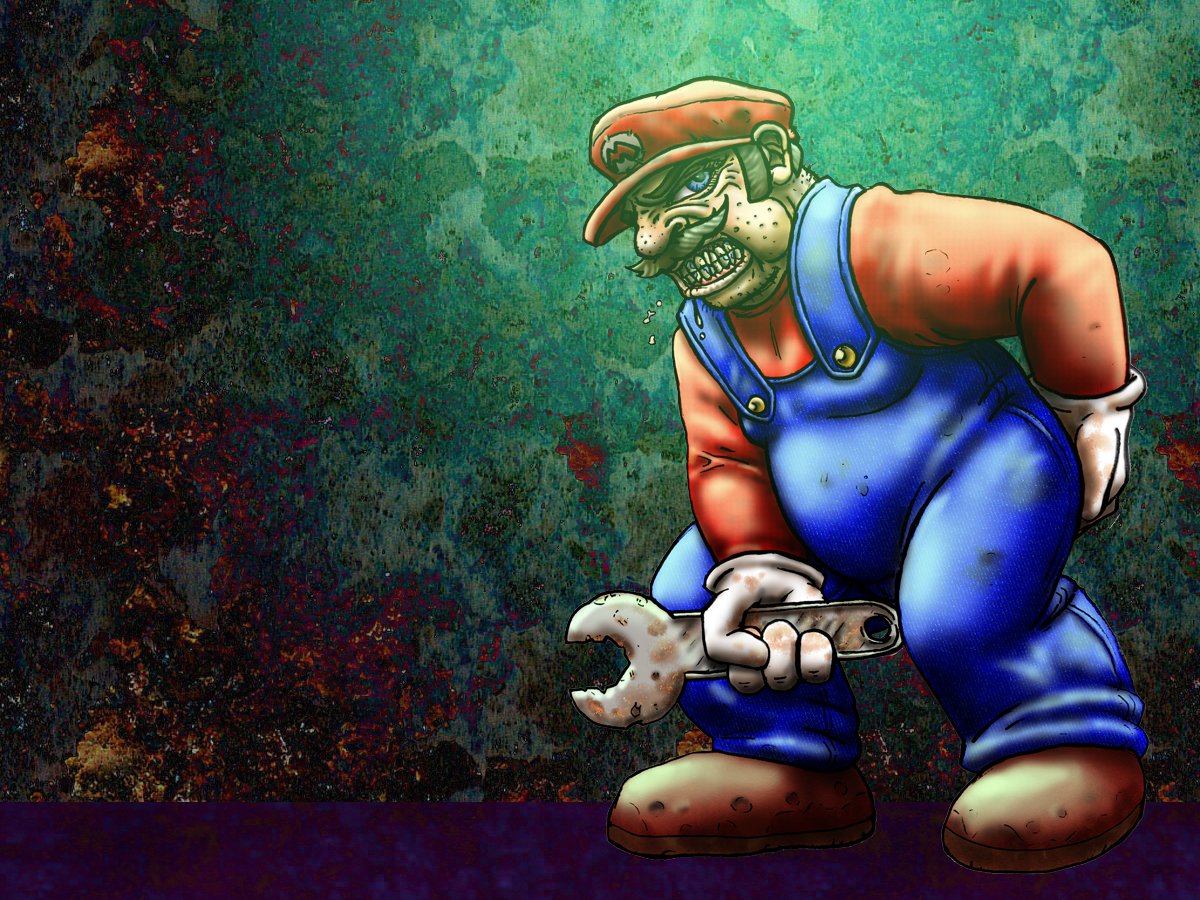 A stylized illustration of Mario from a video game, featuring him in blue overalls and a red shirt, holding a wrench against a textured, colorful background.