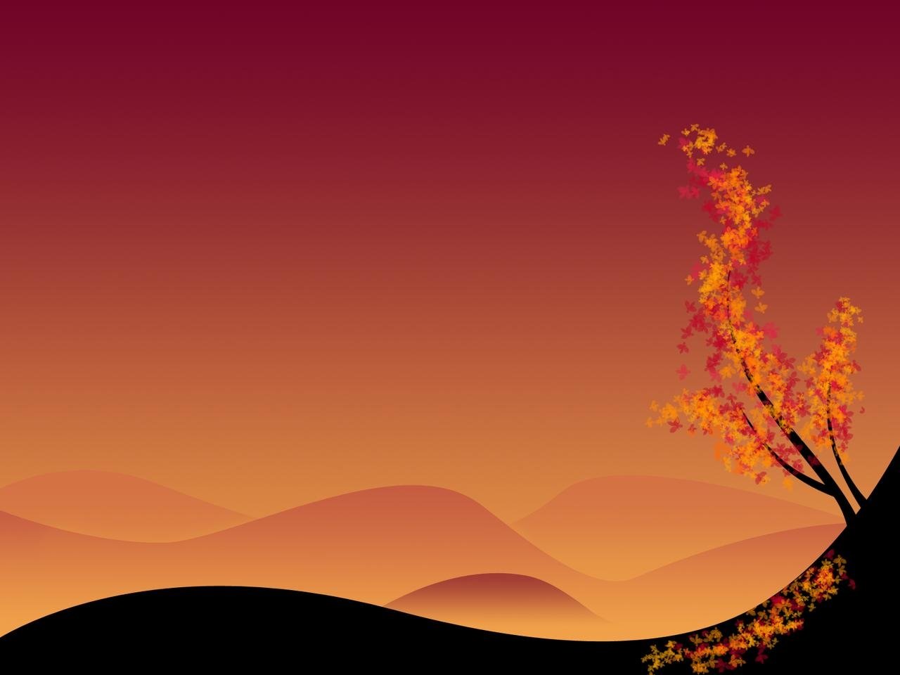 A vibrant vector art landscape featuring rolling hills against a gradient sky, with a silhouetted tree showcasing fiery autumn leaves.