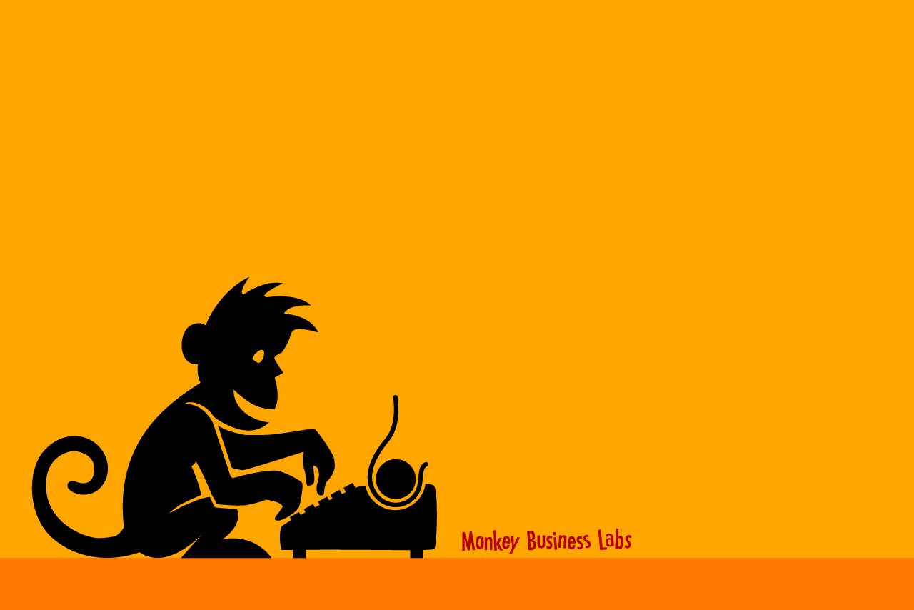 Cartoon monkey hunched over a vintage typewriter on a bright orange background — a funny Monkey Business Labs graphic.