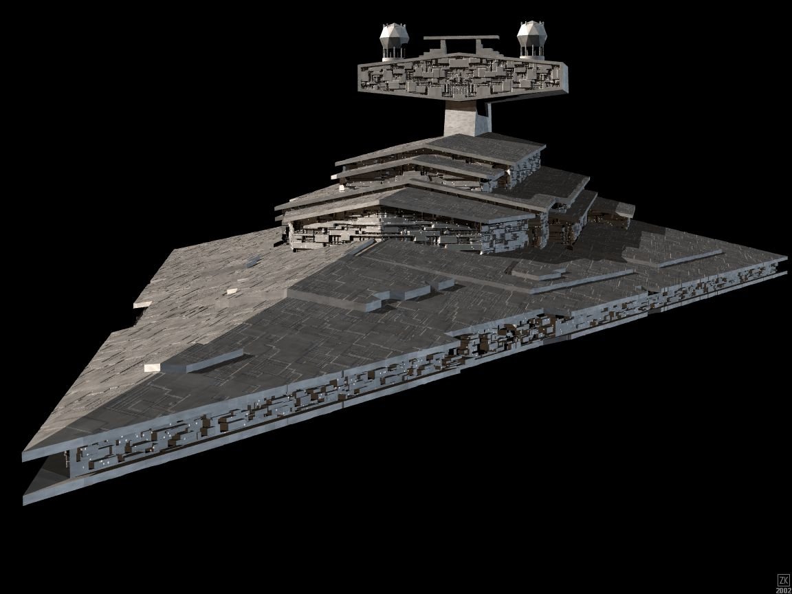 A detailed depiction of a Star Destroyer from the Star Wars movie franchise, showcasing its iconic triangular shape and complex design against a black background.