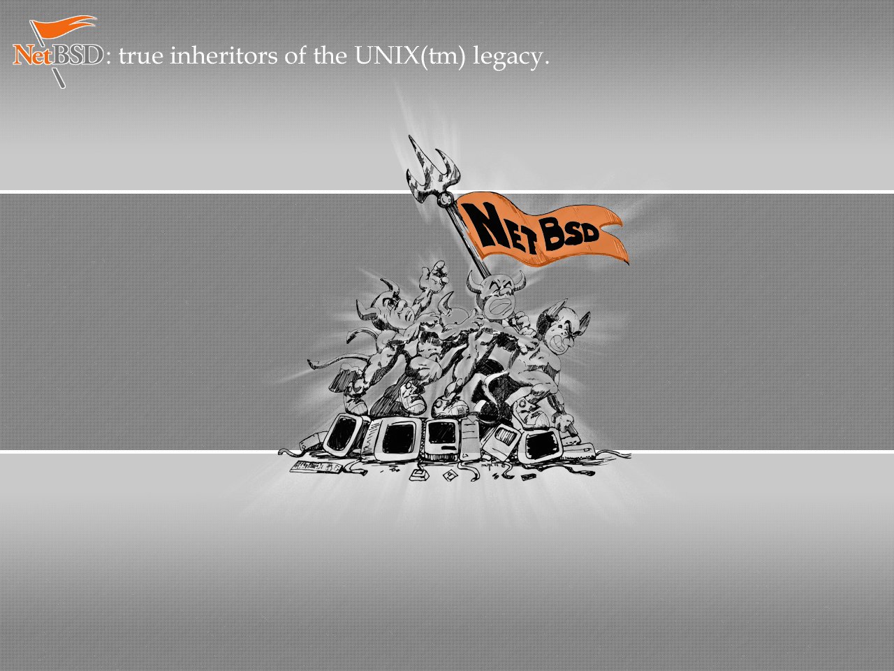NetBSD banner: cartoon heap of characters on a vintage workstation waving a NetBSD flag, caption true inheritors of the UNIX legacy — unix, technology