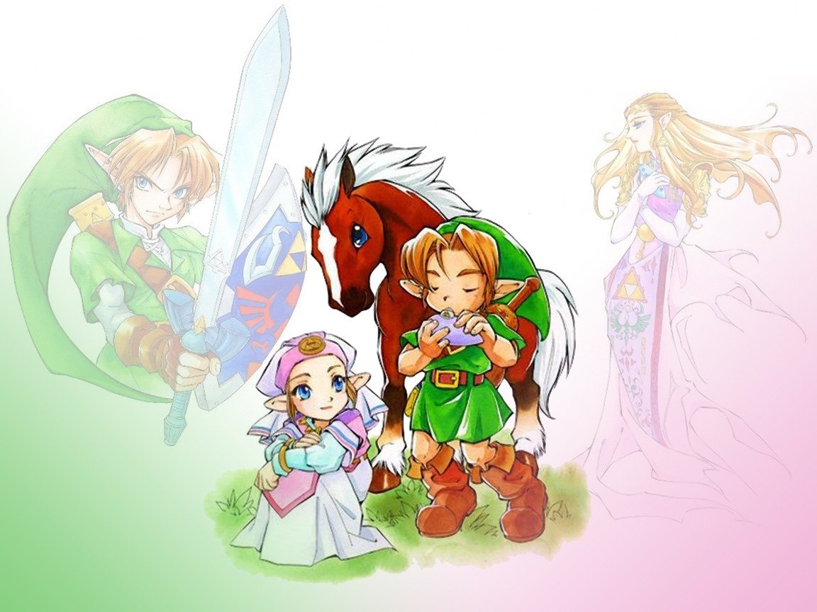 A vibrant illustration featuring Epona alongside Link and Zelda from *The Legend of Zelda: Ocarina of Time*, showcasing key characters in a whimsical, colorful setting.