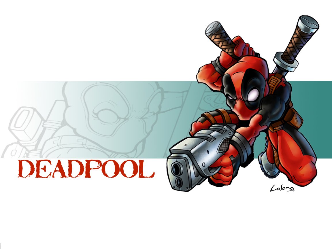 A dynamic illustration of Deadpool in action, holding a futuristic weapon, with an artistic backdrop featuring the title DEADPOOL and a subtle Cable & Deadpool theme.