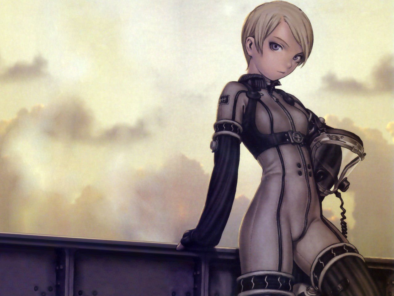 An anime character from Last Exile poses confidently against a backdrop of clouds, showcasing intricate outfit details and a serene expression.