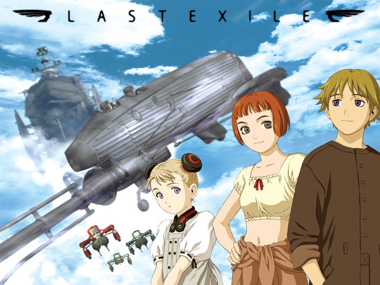 Anime-style image from Last Exile showing three characters standing in front of a large airship flying through a bright blue sky with clouds.
