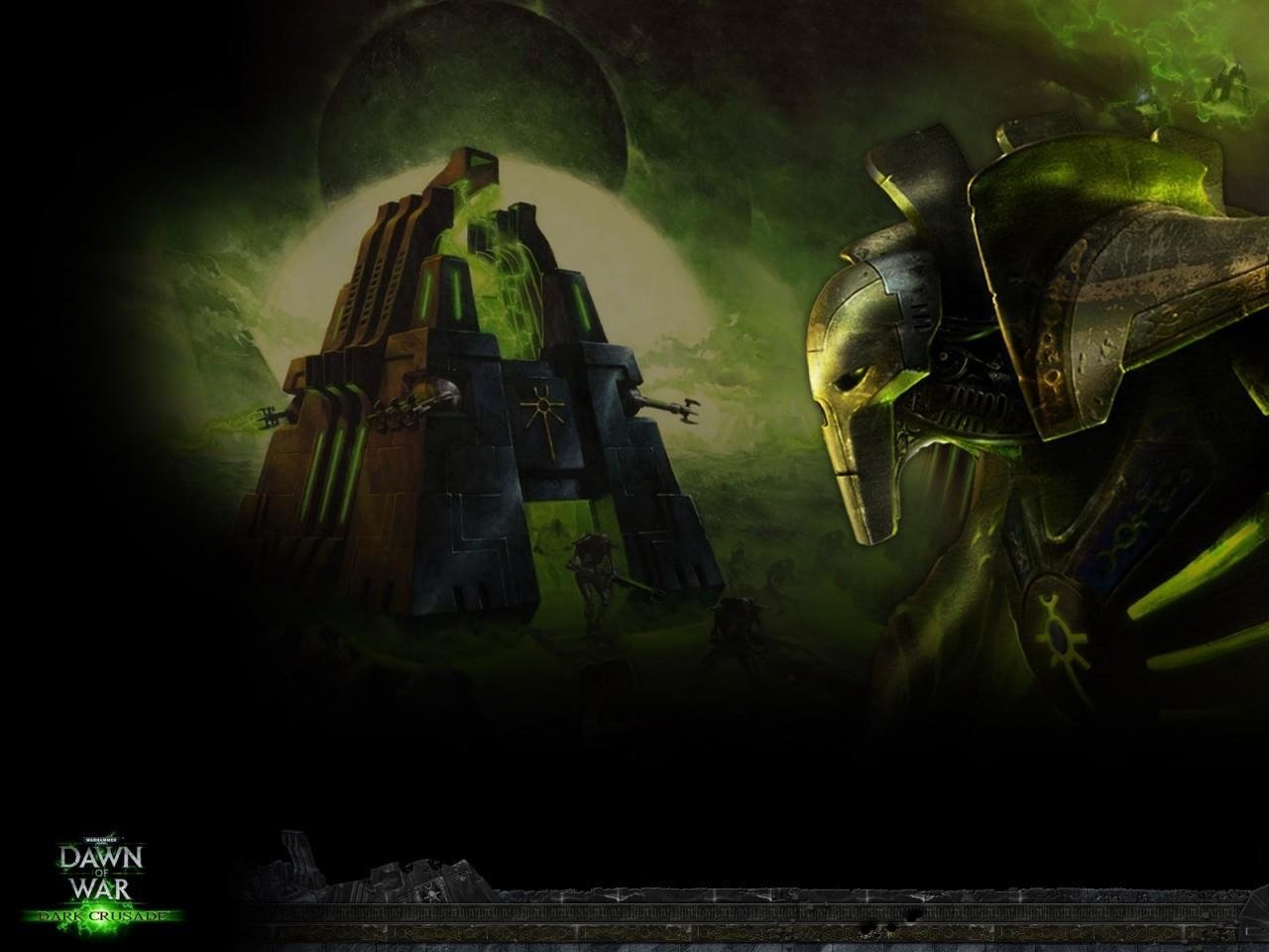 Dark sci-fi scene from the Warhammer 40,000: Dawn of War video game featuring a towering structure and a menacing armored figure against a green-hued background.