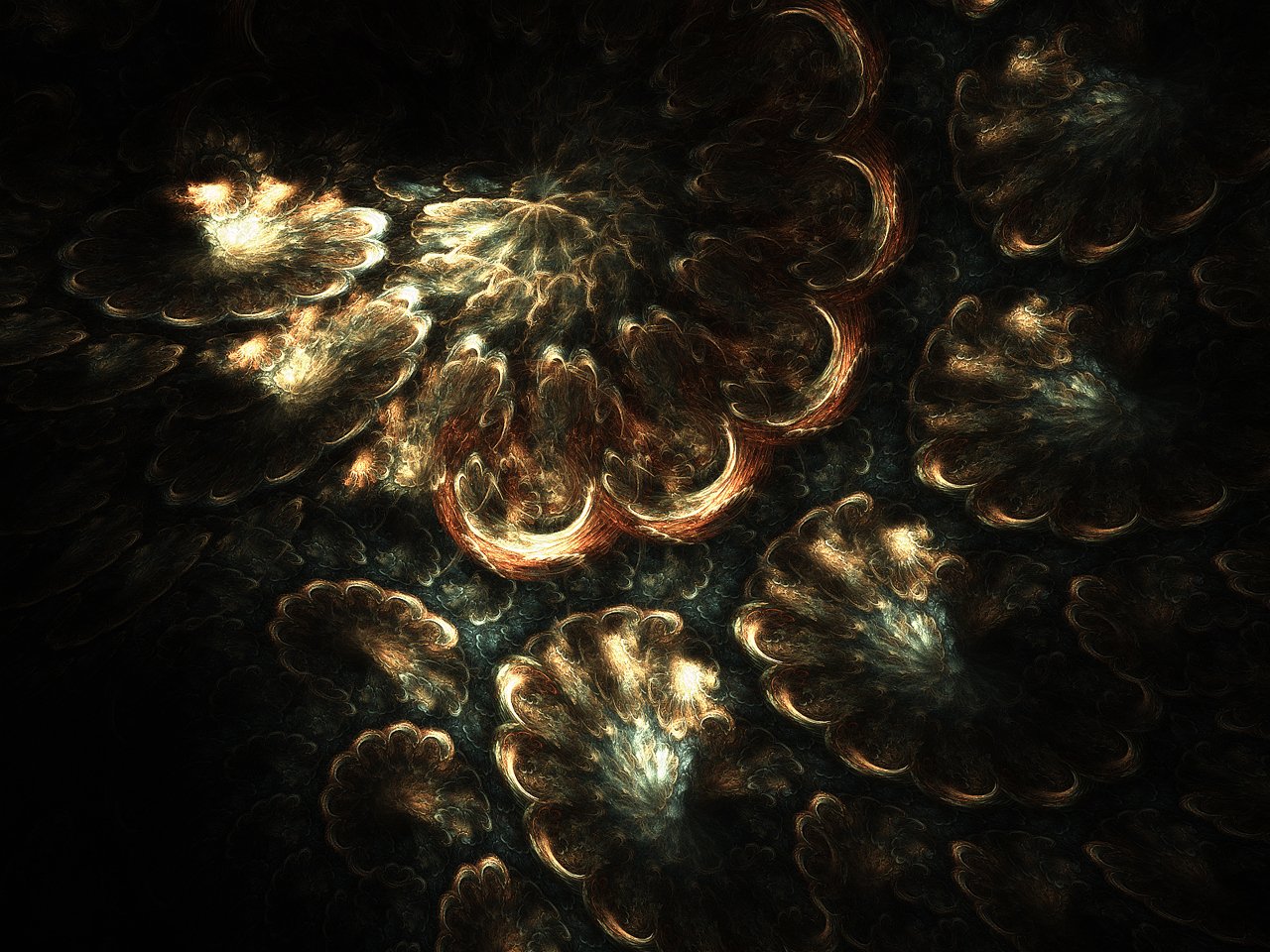 An abstract composition featuring intricate, swirling patterns with luminous highlights. The cool tones create a captivating visual depth and texture.