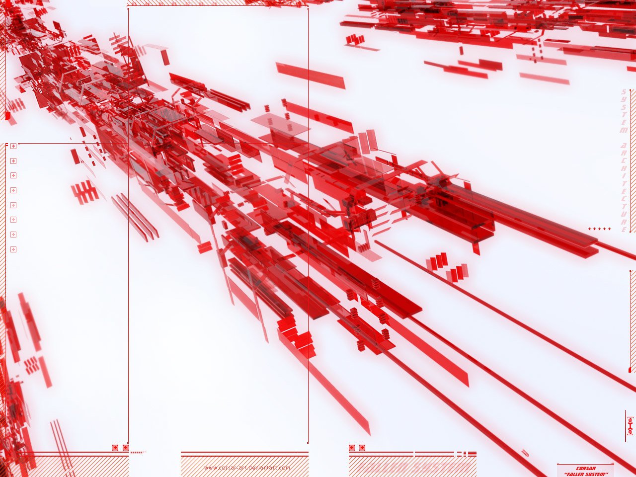 An abstract design featuring dynamic, angular shapes in various shades of red on a clean white background, creating a sense of movement and depth.