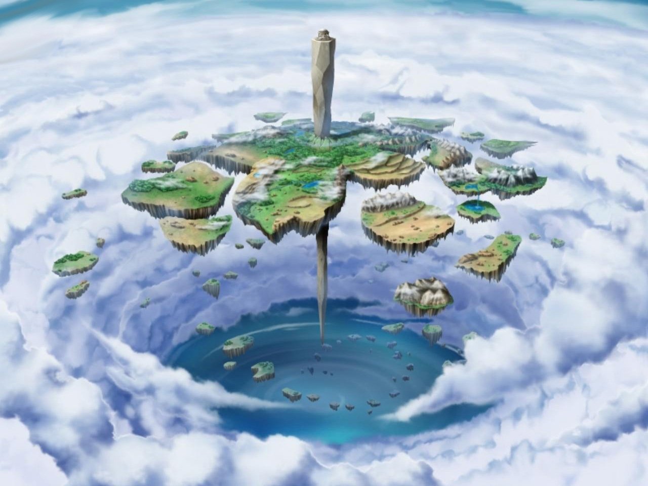 A fantastical scene shows a floating island above swirling clouds, featuring a towering spire and vibrant landscapes, evoking a sense of wonder and adventure in a whimsical realm.