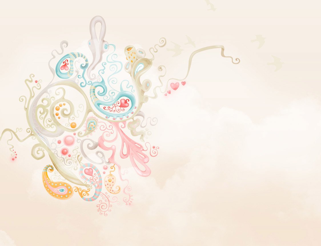 An artistic illustration featuring swirling patterns in soft colors, symbolizing love with delicate hearts and whimsical elements against a gentle background.