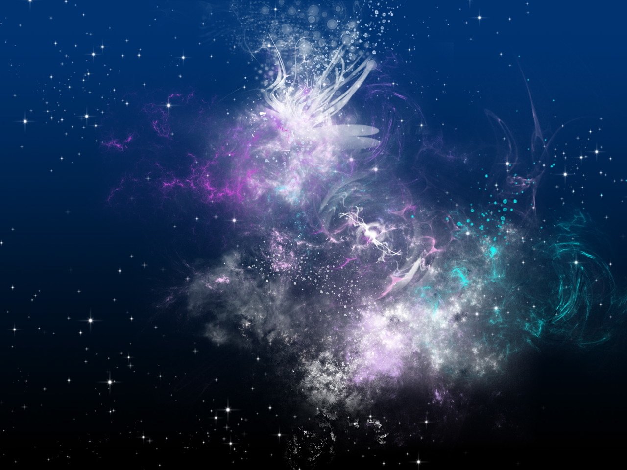 An abstract depiction of space featuring vibrant patterns of stars and colors, evoking a cool, ethereal atmosphere filled with cosmic energy.