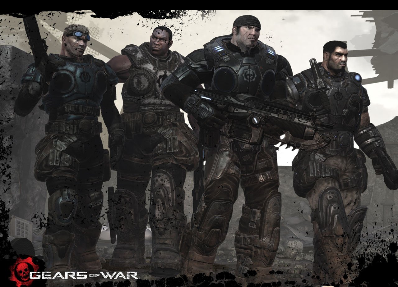 A group of four armored characters from the video game Gears of War stands confidently against a rugged backdrop, showcasing their combat-ready gear and strong camaraderie.