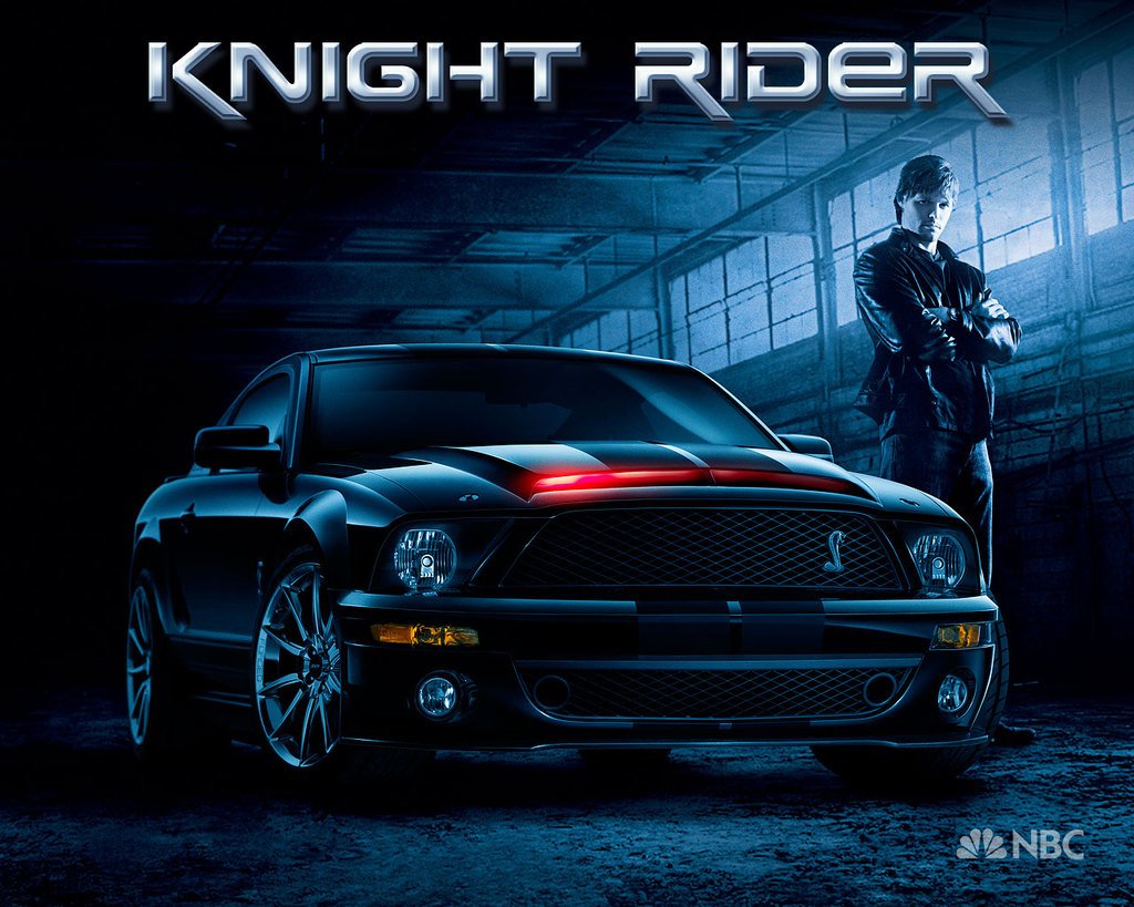 A sleek black sports car with red accents is featured prominently, accompanied by a figure in a leather jacket, representing the TV show Knight Rider (2008).