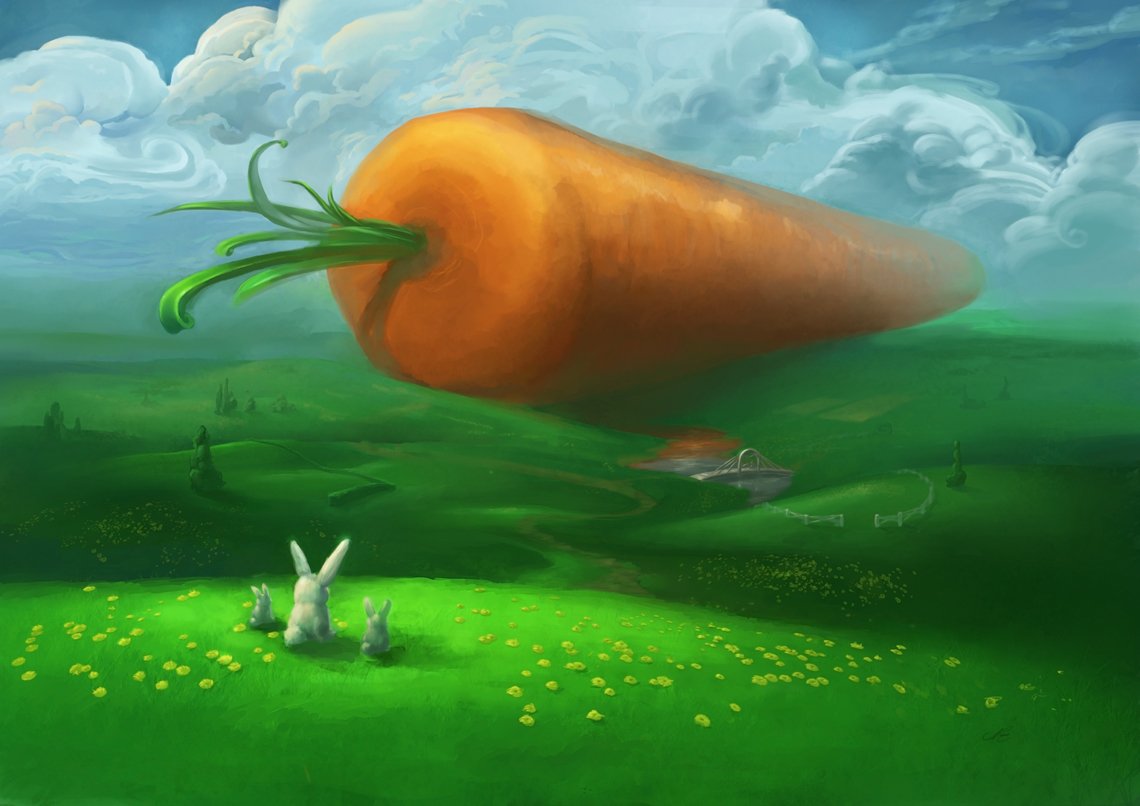 A whimsical scene depicting two rabbits staring in awe at an enormous carrot floating above a lush green landscape under a blue sky, evoking a funny, playful atmosphere.