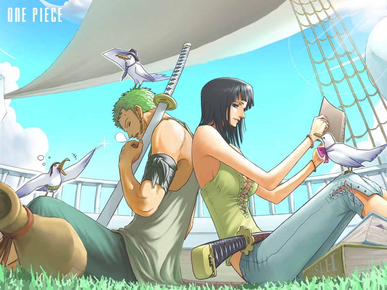 Roronoa Zoro, with green hair and a katana, sits back-to-back with Nico Robin, who has black hair and blue eyes. Both are engaged with birds nearby on a sunny ship deck in One Piece.