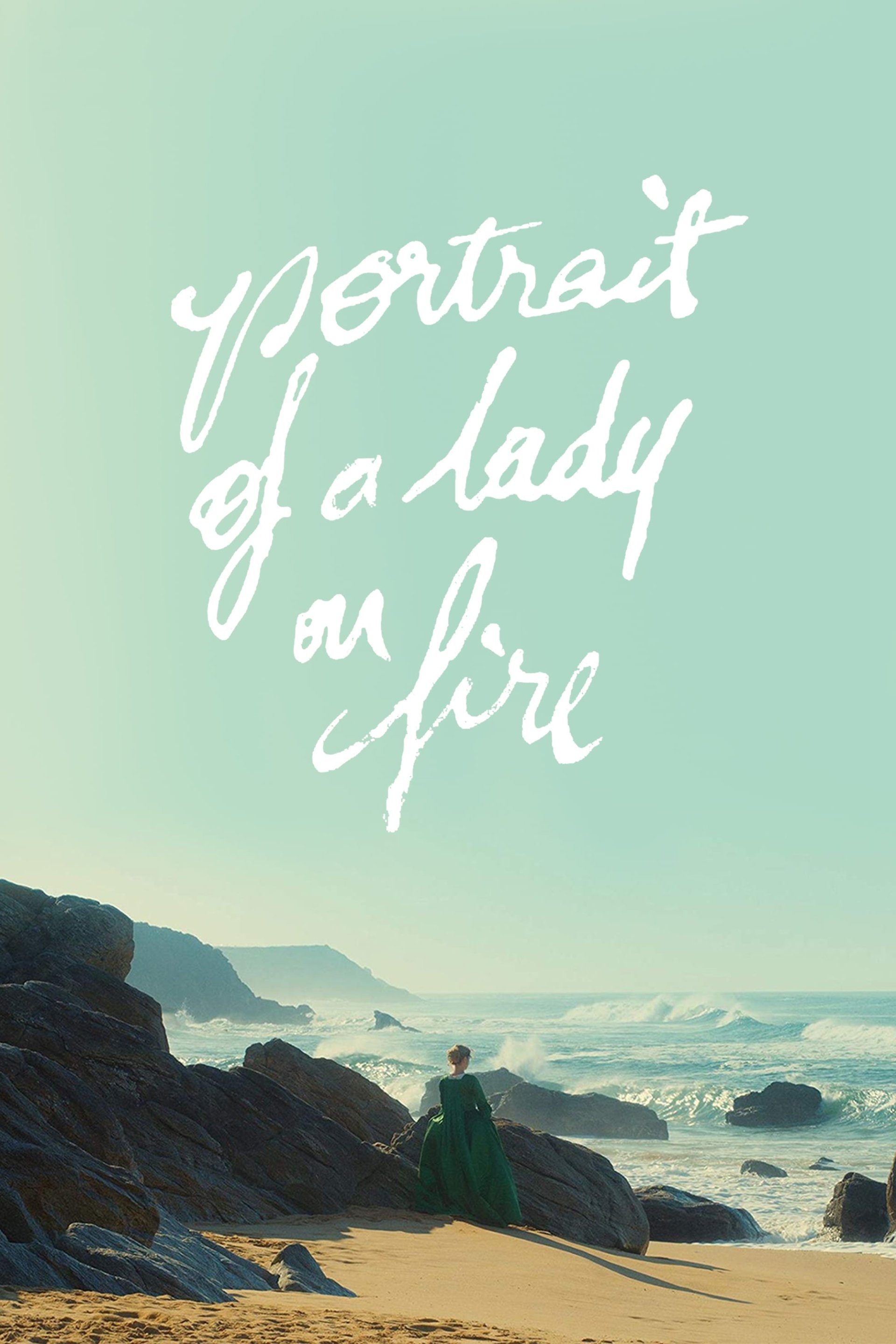Movie poster — Portrait of a Lady on Fire: a solitary woman in a green dress stands on a rocky shoreline, gazing toward the ocean beneath the film's white handwritten title.