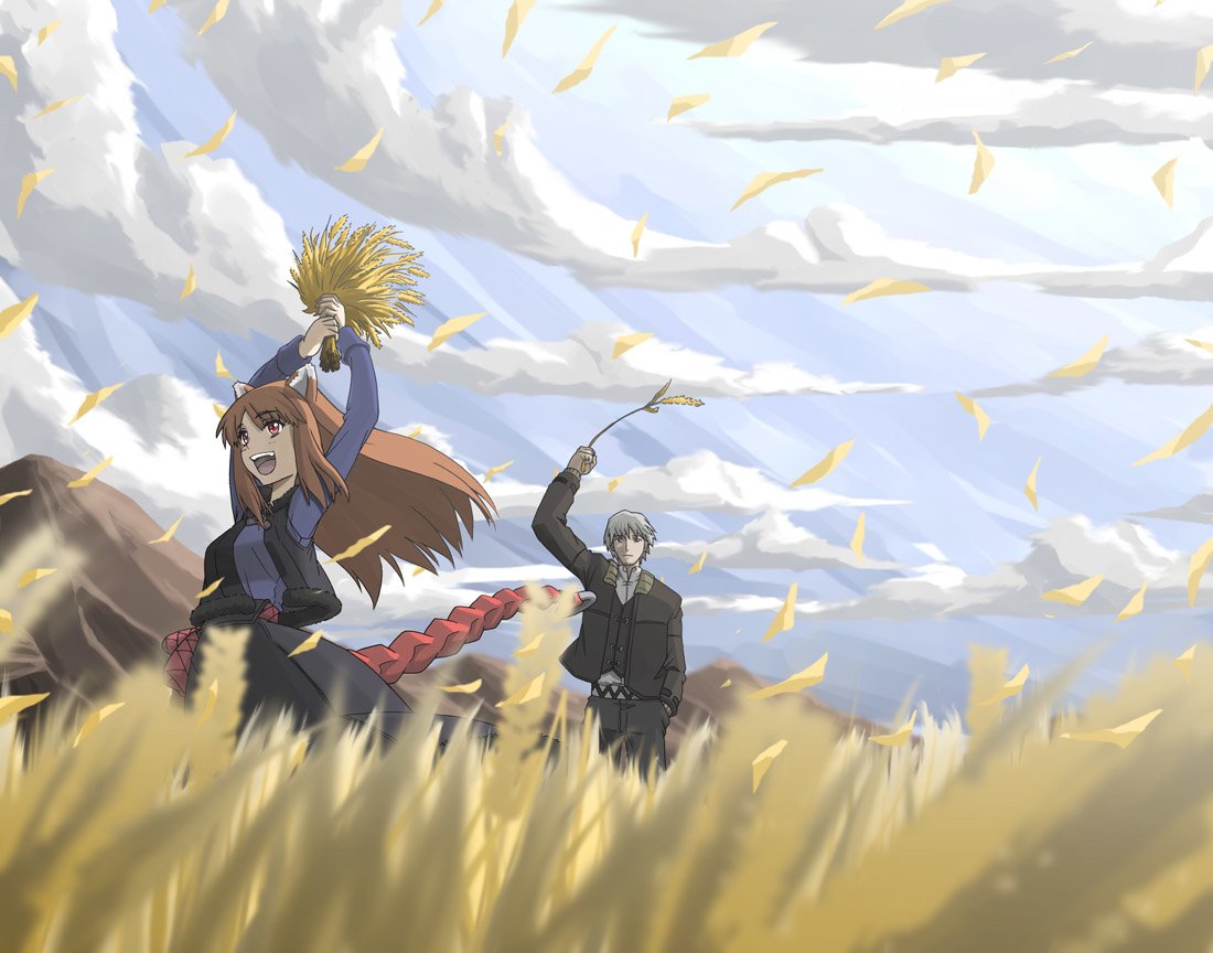 A scene from the anime Spice and Wolf, featuring a woman joyfully holding a bundle of wheat and a man in the background, set against a picturesque rural landscape.