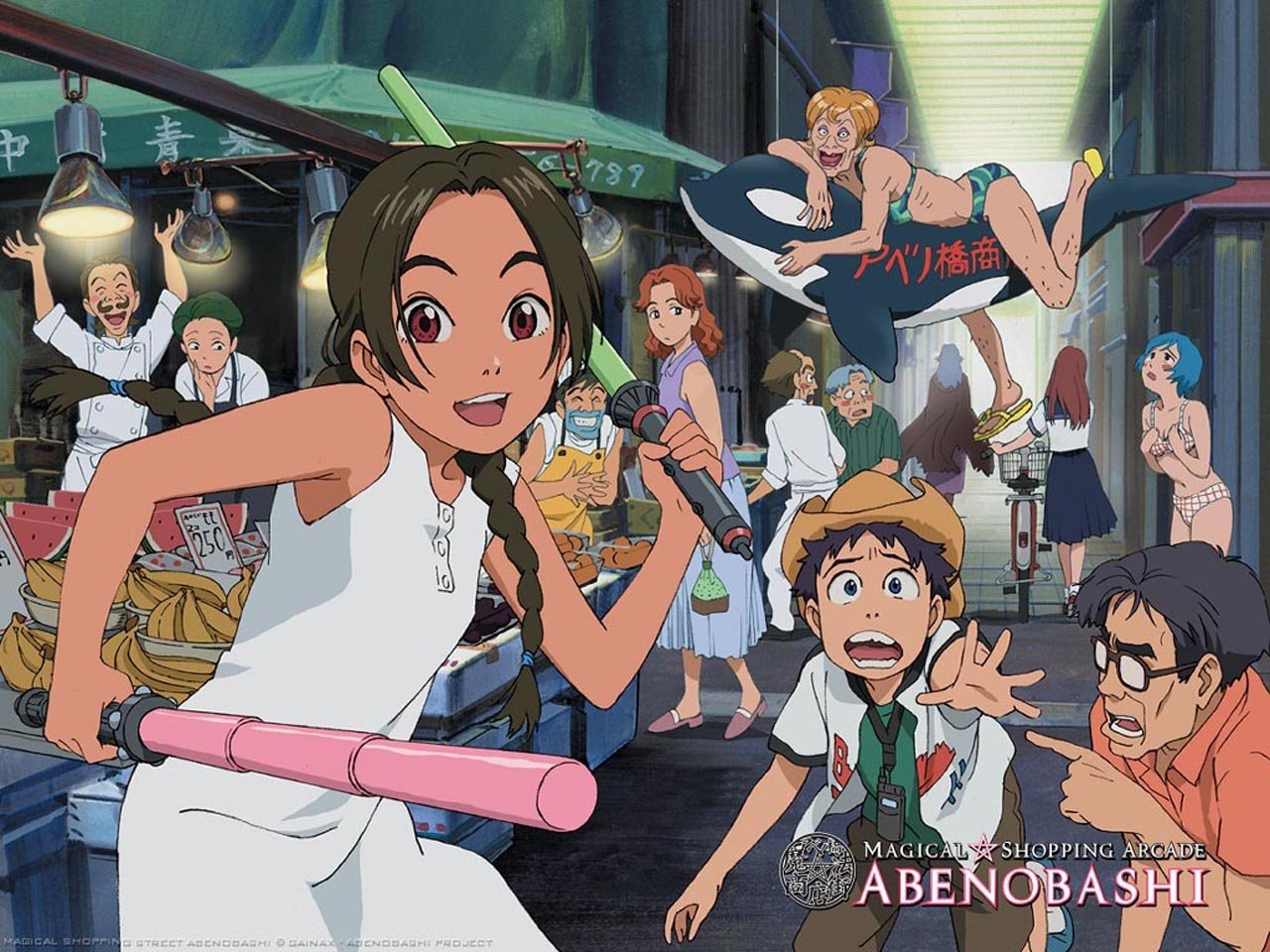 Characters from the anime Magical Shopping Arcade Abenobashi bustling through a lively, colorful shopping street filled with various shops and excited expressions.
