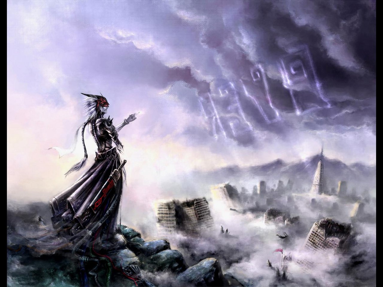 A fantasy city looms in the background as a mysterious figure in dark robes stands on a rocky outcrop, gesturing toward ominous clouds and mist swirling above.