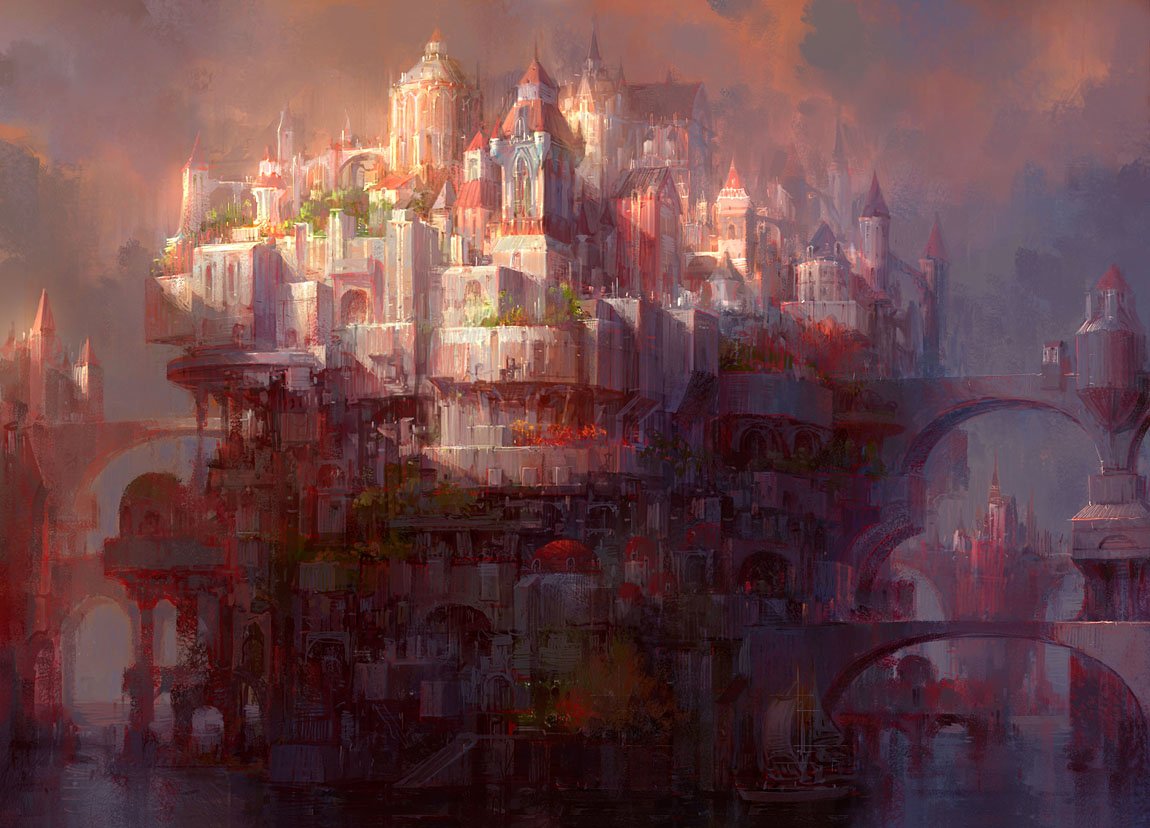 A stunning fantasy city rises ethereally above water, characterized by intricate architecture and lush greenery, bathed in a dreamy, atmospheric light.