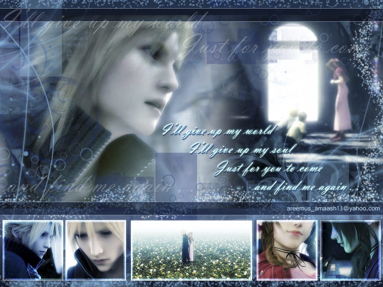 A collage featuring Aerith Gainsborough and Cloud Strife from Final Fantasy VII: Advent Children, blending close-ups and a distant view in a dreamy, blue-toned style.