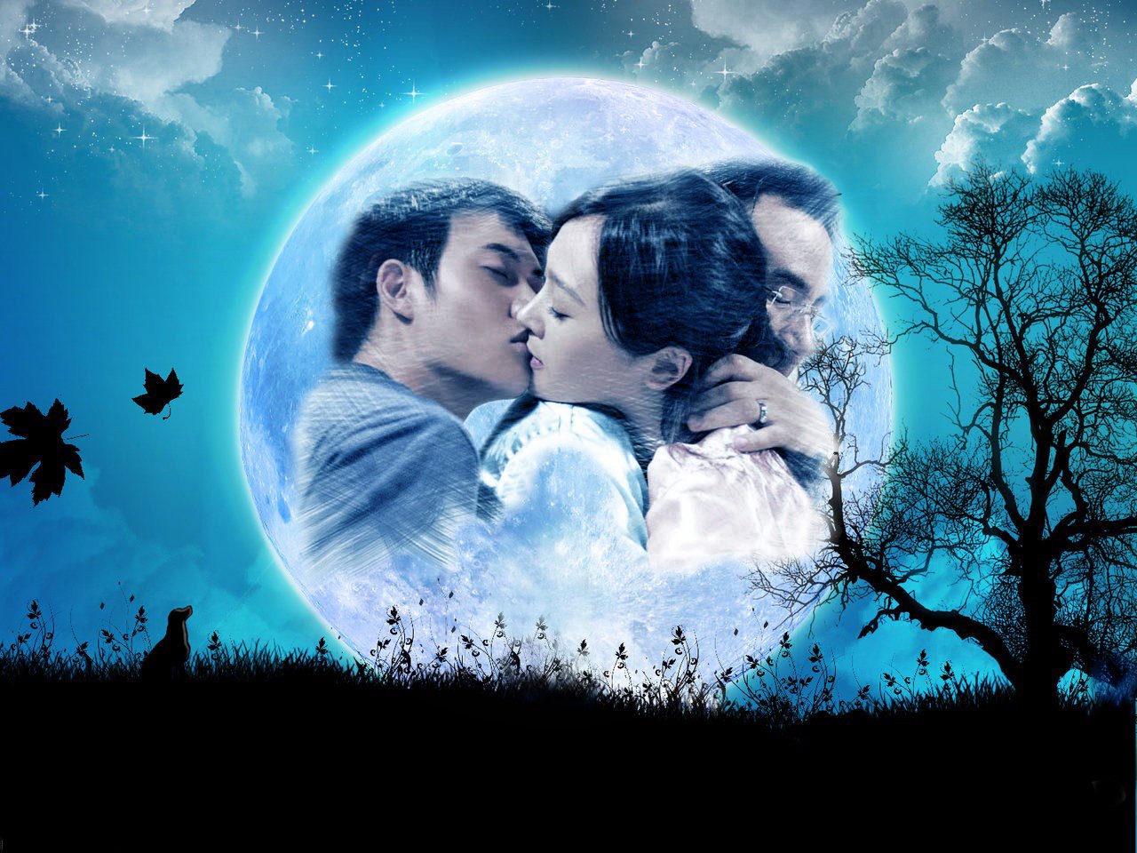 A romantic scene from the movie 3-Iron features a couple embracing and kissing against a glowing full moon backdrop with silhouetted trees and birds.