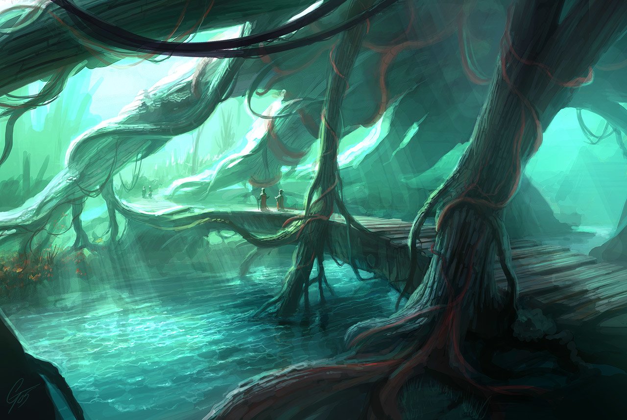 A mystical forest with twisted trees and a serene water surface, illuminated by soft light. Two figures stand on a wooden path, surrounded by enchanting foliage.