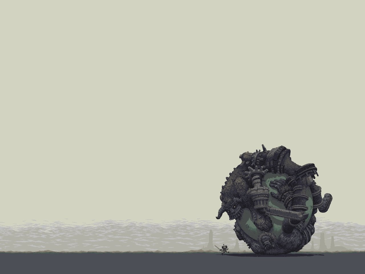 Video game Katamari Damacy scene: tiny Prince pushes a huge, tangled katamari ball of objects across a vast, empty plain.