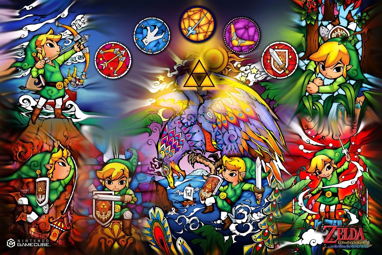 A vibrant illustration inspired by the video game The Legend of Zelda: The Wind Waker, featuring Link surrounded by iconic symbols and elements from the game.