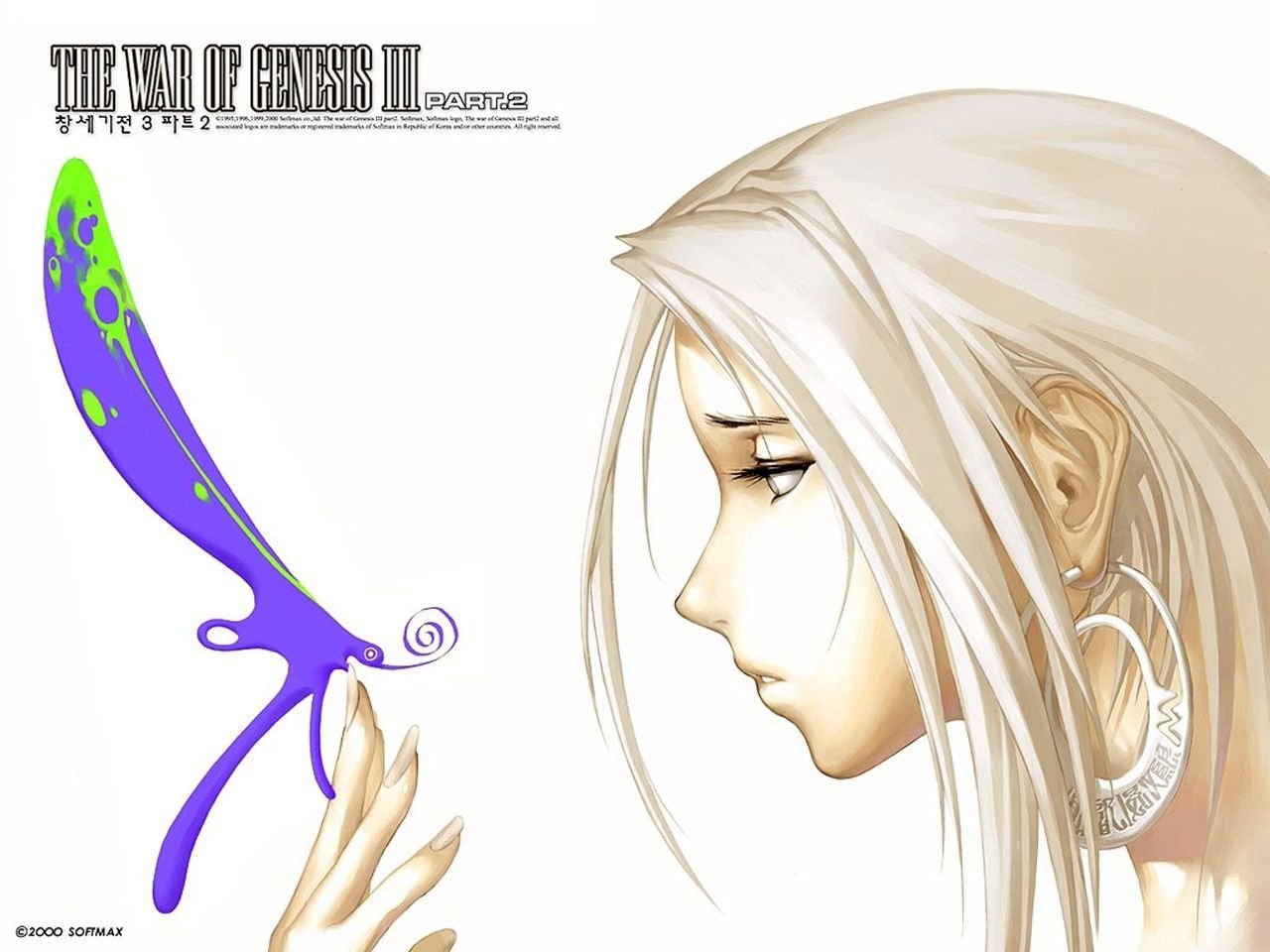 Side profile of a character with long white hair and earrings, reaching toward a colorful butterfly, from the video game War of Genesis III: Part 2.