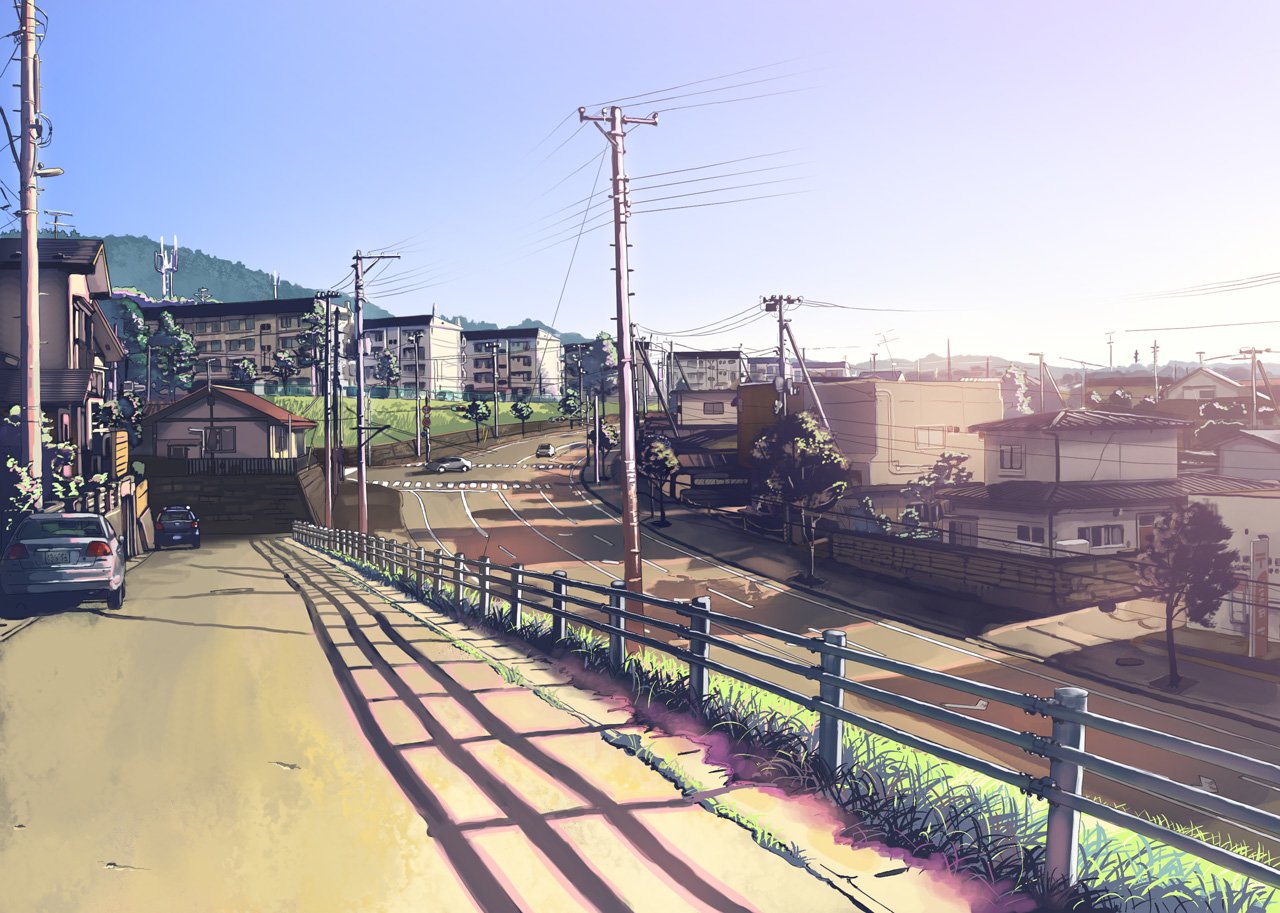 A serene anime cityscape features a winding road with vibrant buildings, power lines, and lush greenery under a bright sky, evoking a calm urban atmosphere.