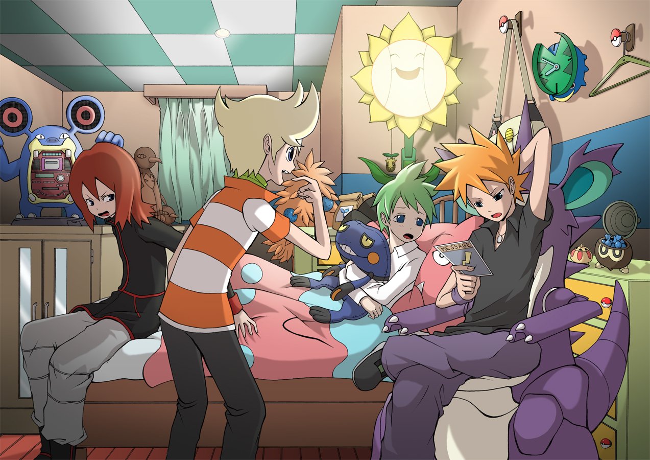 A colorful scene featuring Barry, Silver, Blue, and Wally from Pokémon, gathered in a room filled with Pokémon toys, playing video games and enjoying each other's company.