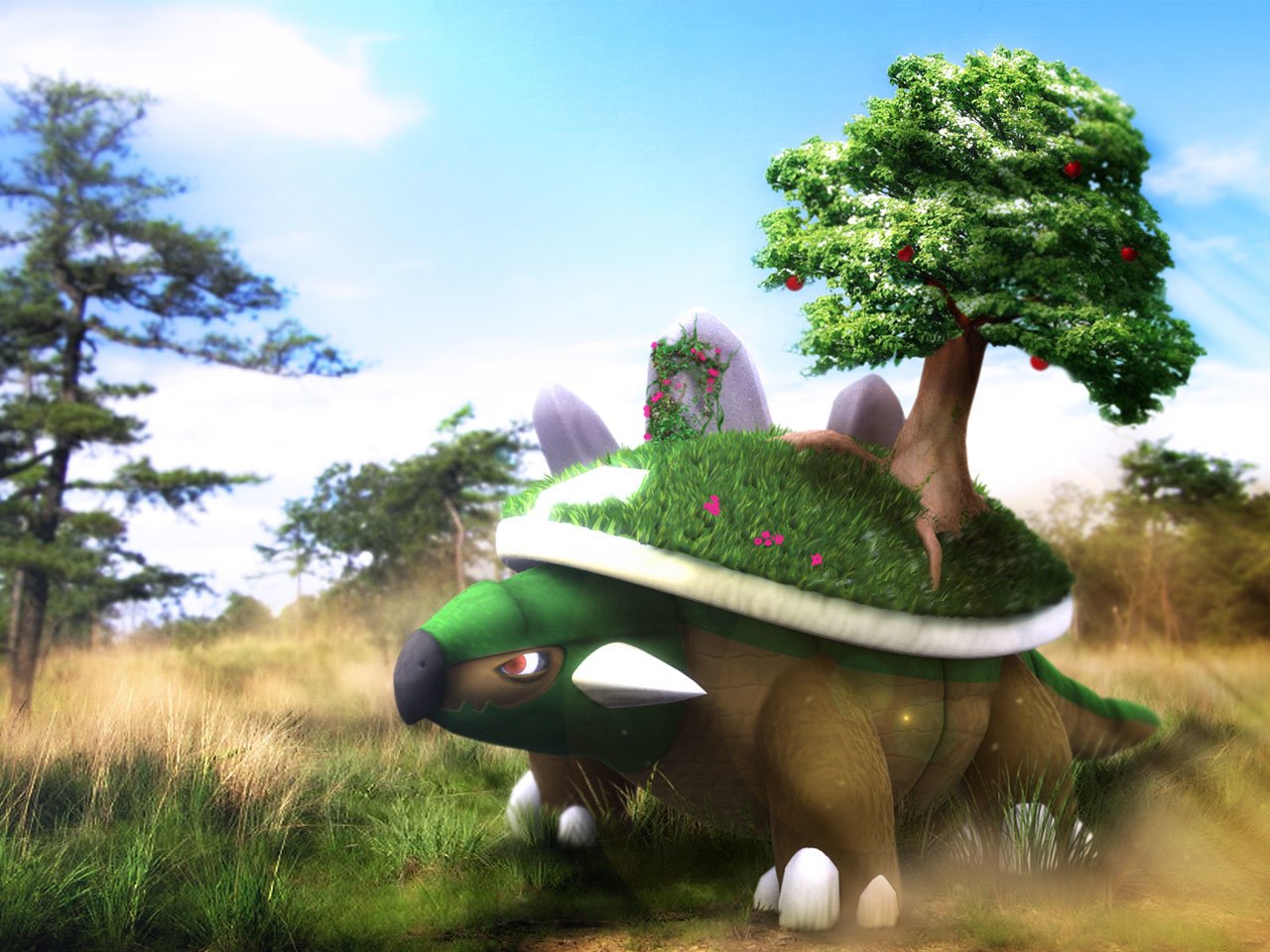 A vibrant illustration of Torterra, a Pokémon from the video game series, featuring a turtle-like creature with a tree and grass on its back, set in a lush, open landscape.
