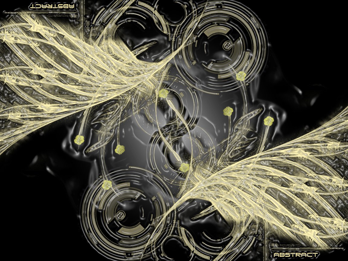 Artistic abstract image featuring symmetrical, delicate, feather-like forms in light yellow against a dark, glossy background with circular, mechanical elements.