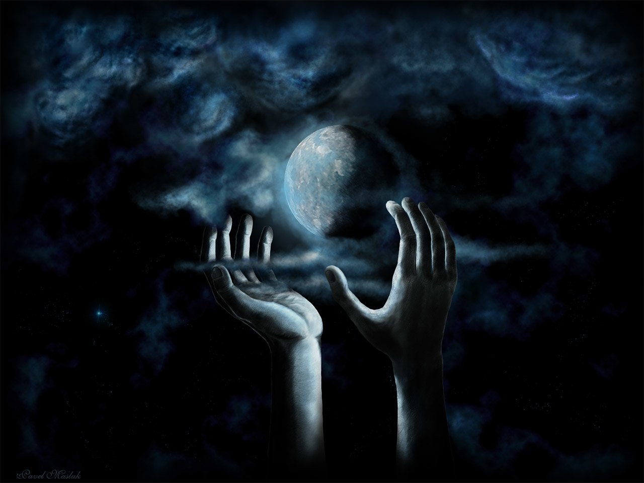 A dark, artistic drawing features hands reaching towards a glowing Earth, set against a dramatic sky filled with clouds. The scene conveys a sense of wonder and connection to the planet.