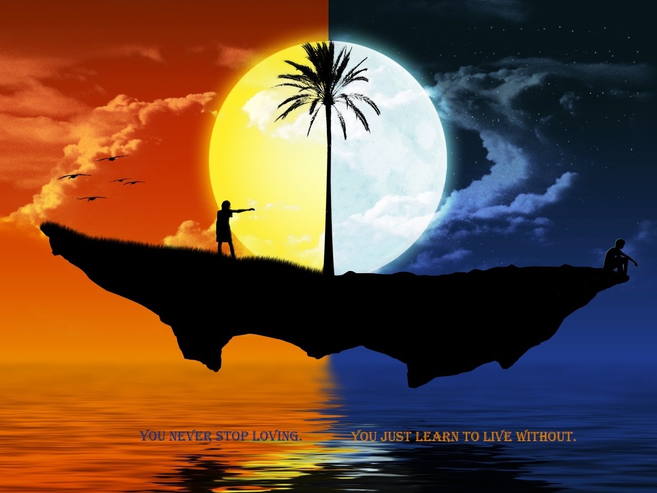 A split landscape featuring a person reaching out against a sunset and another sitting quietly under a moonlit sky, with the quote: You never stop loving. You just learn to live without.