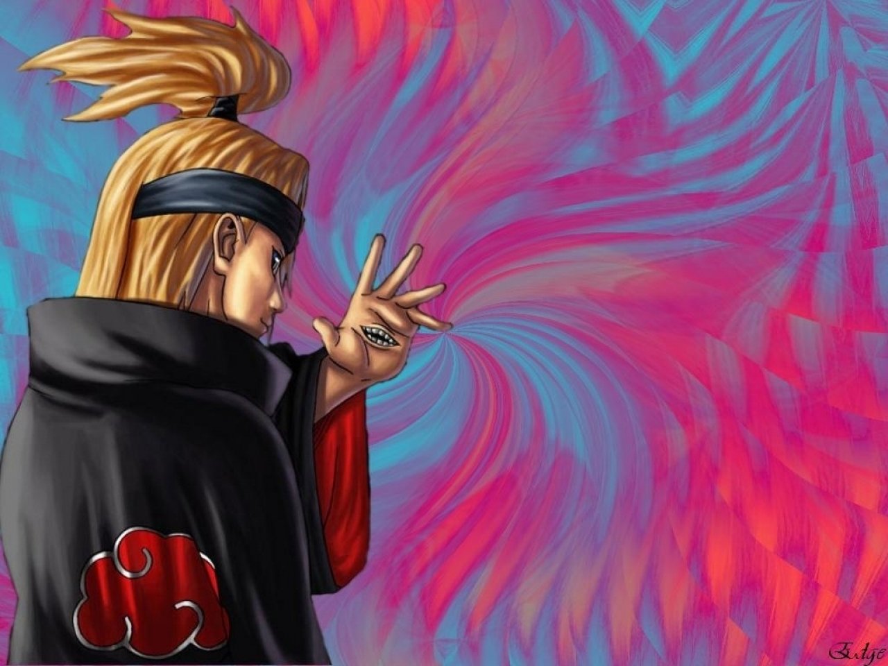 Deidara from Naruto, a member of the Akatsuki, poses dramatically against a vibrant, swirled background, showcasing his artistic flair and unique abilities.