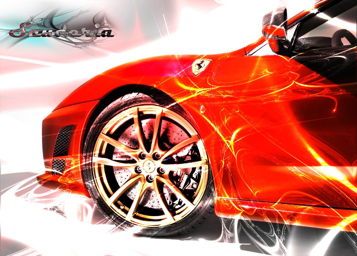 Red Ferrari F430 car front wheel and fender with stylized flame graphics, highlighting the vehicle's alloy rim, brake caliper, and sculpted bodywork.
