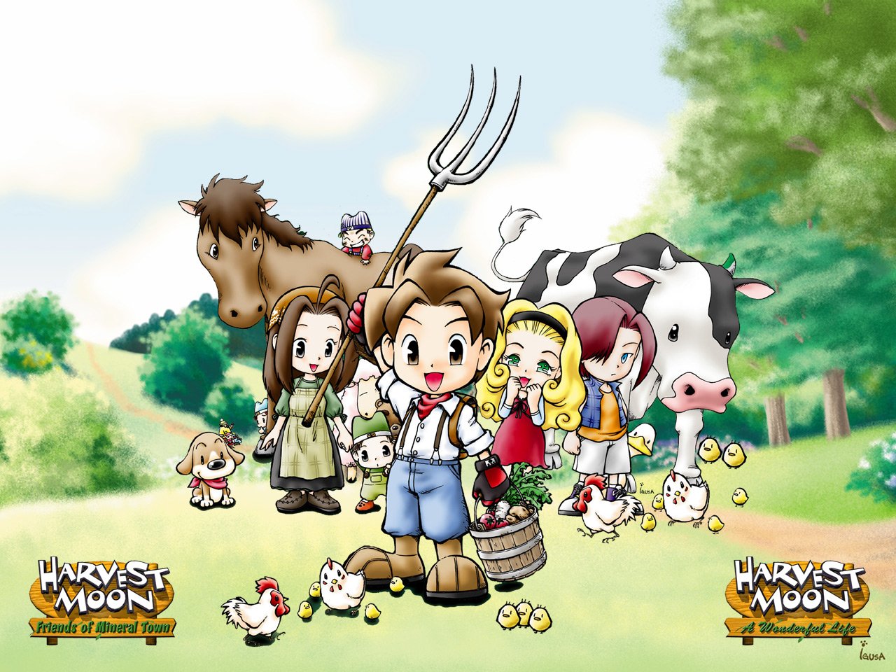 Characters from the video game Harvest Moon: Friends of Mineral Town stand with farm animals including a horse, cow, dog, and chickens in a sunny rural setting.