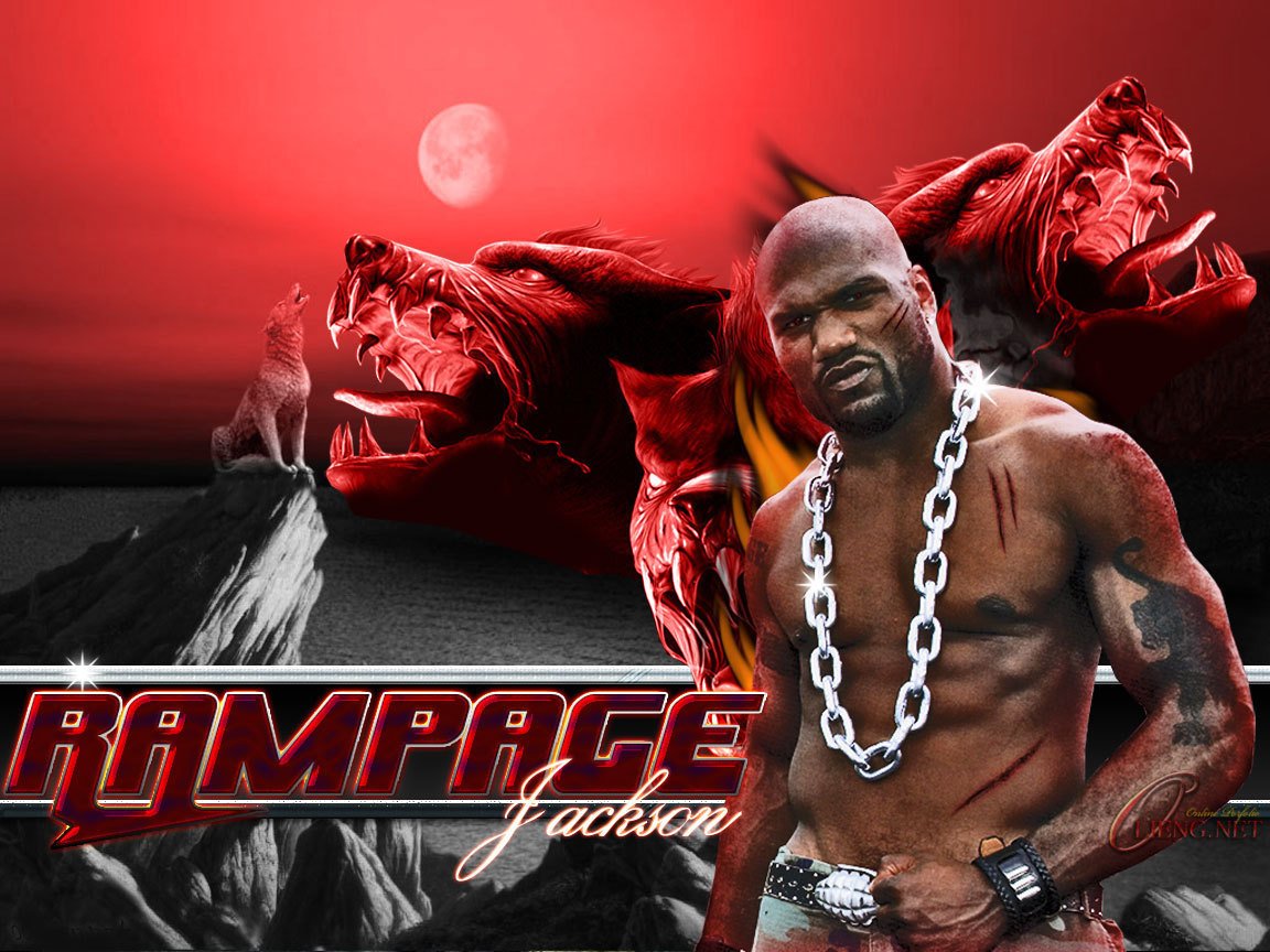MMA fighter Quinton Rampage Jackson stands shirtless with a chain necklace, set against a red background featuring fierce wolves and the name Rampage Jackson.